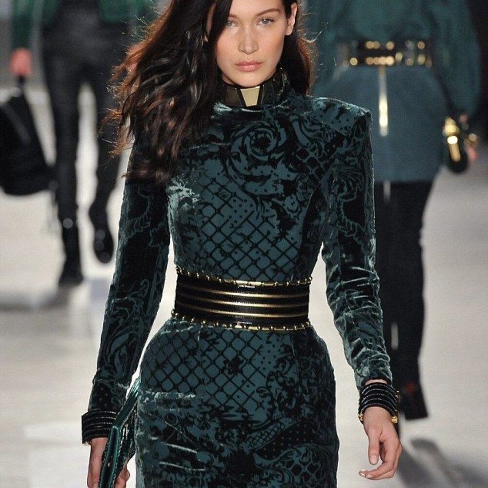 Balmain for H&M Velvet Green Floral Long Sleeve Gold Zip Dress Size 4
